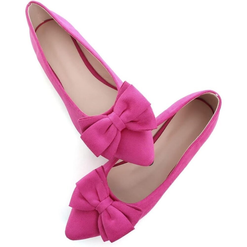Women's Rose Pink Bowknot Ballet Flats Pointy Toe Casual Flat Shoes Suede - Picture 2 of 7
